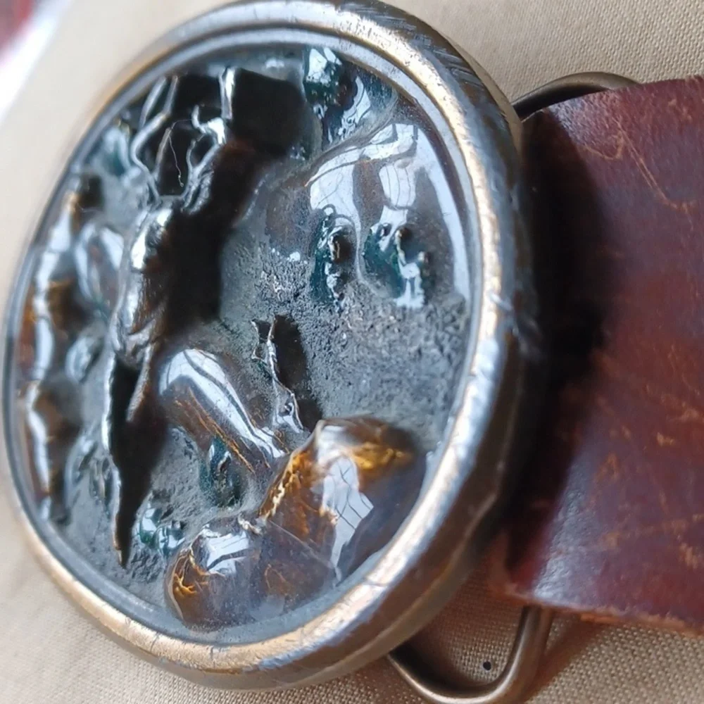 Bergamot Brass Belt Buckle 1983, Running Buck, with hand tooled leather belt, 34